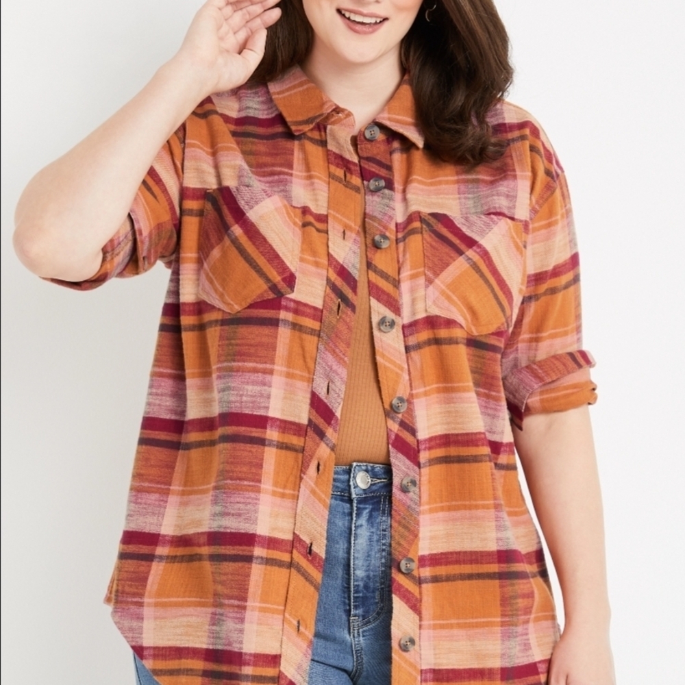 Maurices Vibrant Plaid Shirt in Orange and Pink